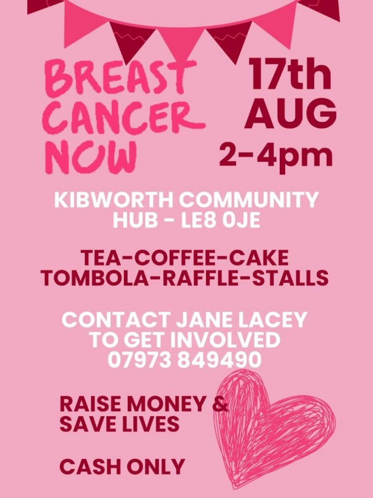 Breast Cancer Now Afternoon Tea - Saturday 17th August 2024 - Kibworth