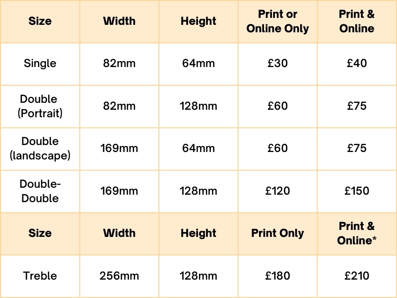 Advert sizes and prices